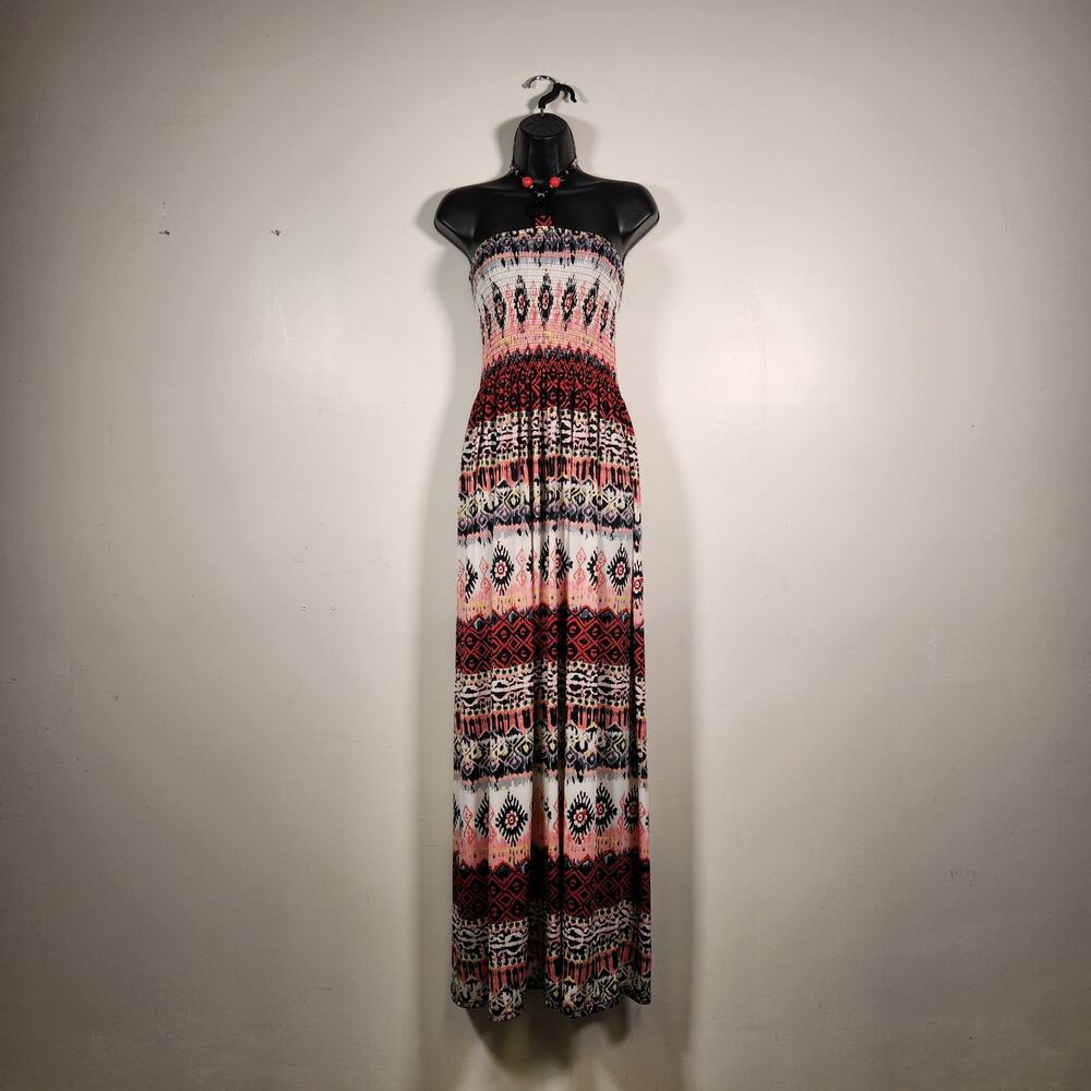 MAGIC Halter Maxi Dress Womens L Red Black Boho Beaded‎ Tie Bow Summer Smocked